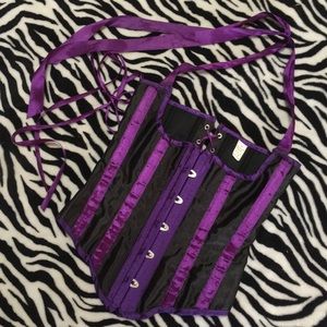 Purple & black stripe underbust halter tie corset